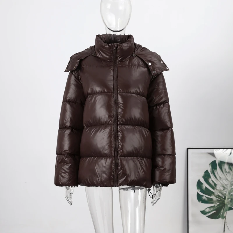 Detachable Hooded Women's Cotton Jacket lacquered Long Sleeve Zipper Pocket Female Coats Oversized Loose Casual Coats For Ladies