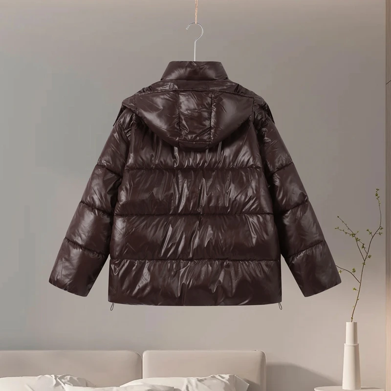 Detachable Hooded Women's Cotton Jacket lacquered Long Sleeve Zipper Pocket Female Coats Oversized Loose Casual Coats For Ladies