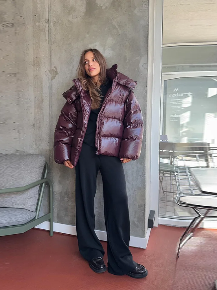 Detachable Hooded Women's Cotton Jacket lacquered Long Sleeve Zipper Pocket Female Coats Oversized Loose Casual Coats For Ladies