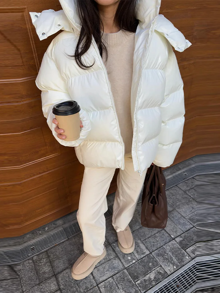 Detachable Hooded Women's Cotton Jacket lacquered Long Sleeve Zipper Pocket Female Coats Oversized Loose Casual Coats For Ladies