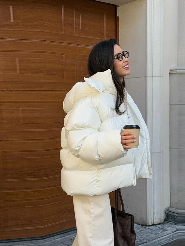 Detachable Hooded Women's Cotton Jacket lacquered Long Sleeve Zipper Pocket Female Coats Oversized Loose Casual Coats For Ladies