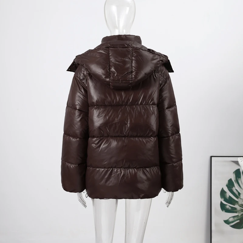 Detachable Hooded Women's Cotton Jacket lacquered Long Sleeve Zipper Pocket Female Coats Oversized Loose Casual Coats For Ladies