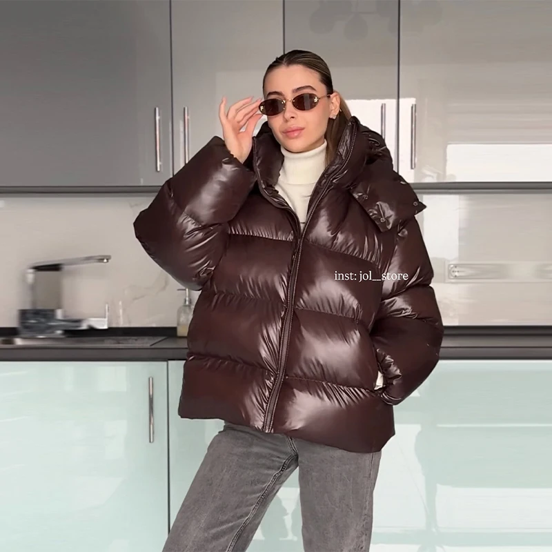 Detachable Hooded Women's Cotton Jacket lacquered Long Sleeve Zipper Pocket Female Coats Oversized Loose Casual Coats For Ladies
