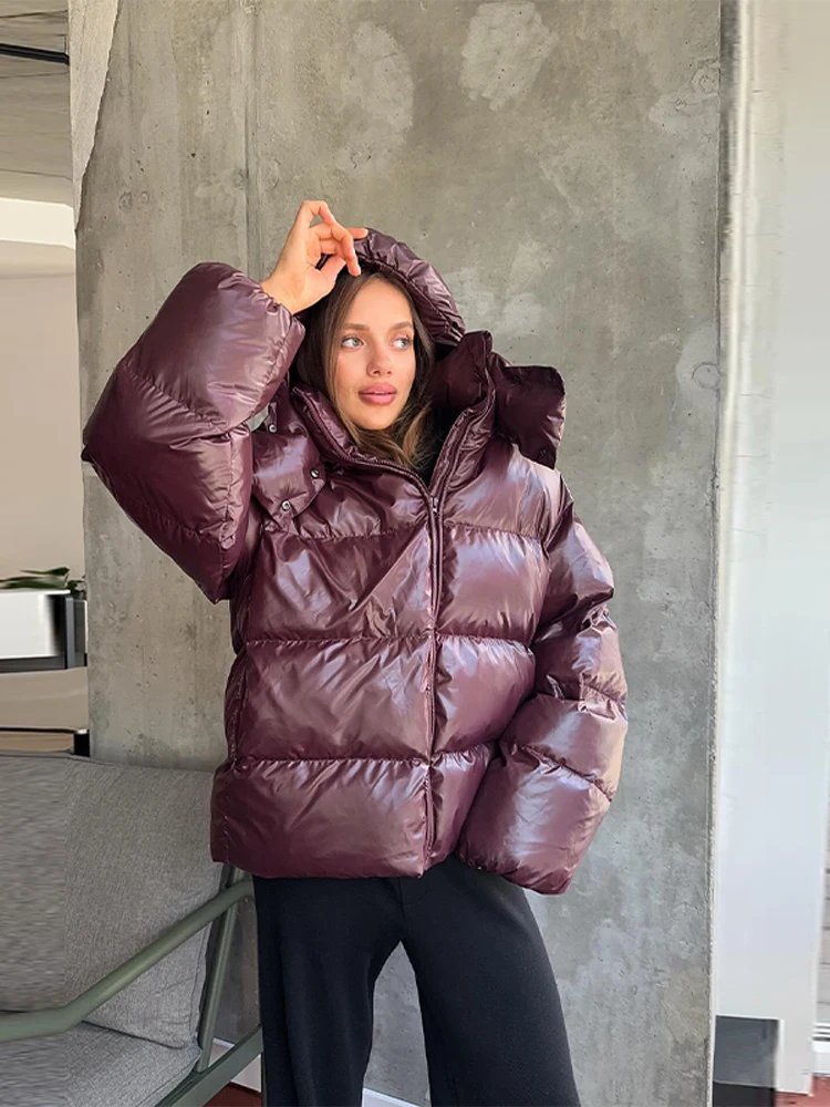 Detachable Hooded Women's Cotton Jacket lacquered Long Sleeve Zipper Pocket Female Coats Oversized Loose Casual Coats For Ladies