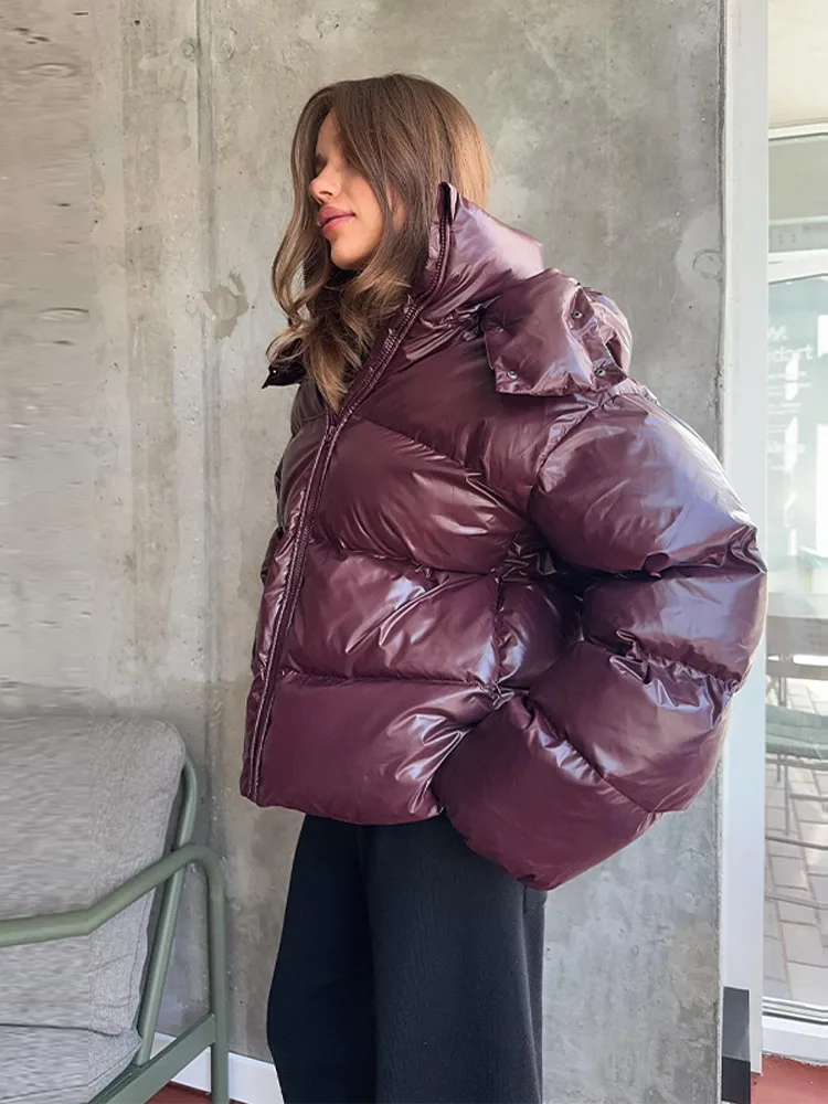 Detachable Hooded Women's Cotton Jacket lacquered Long Sleeve Zipper Pocket Female Coats Oversized Loose Casual Coats For Ladies
