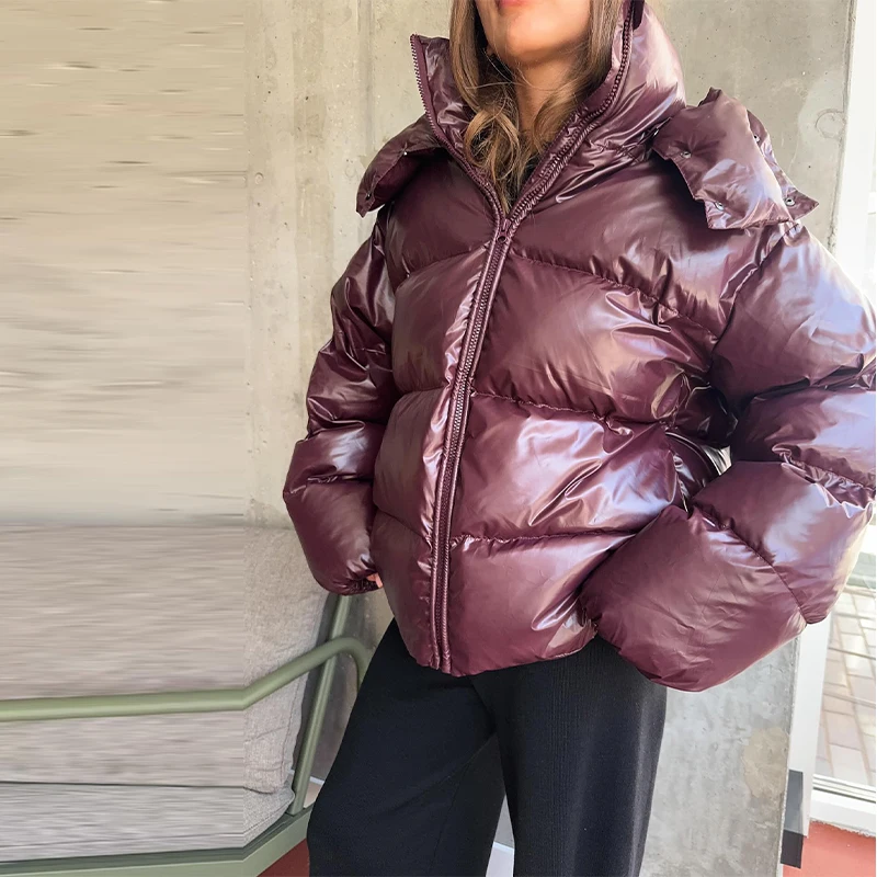 Detachable Hooded Women's Cotton Jacket lacquered Long Sleeve Zipper Pocket Female Coats Oversized Loose Casual Coats For Ladies