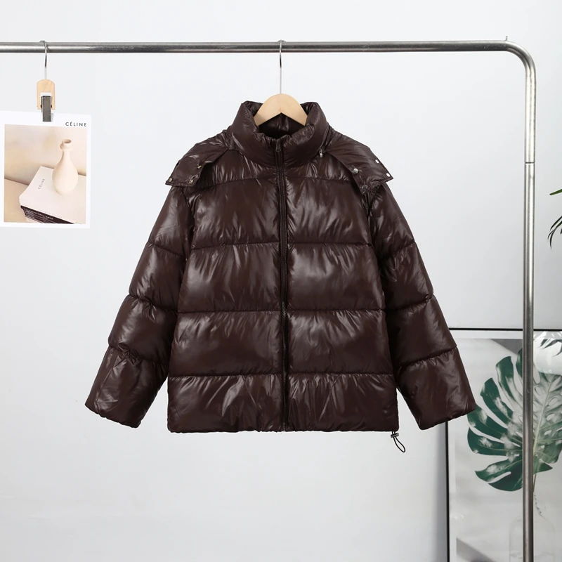 Detachable Hooded Women's Cotton Jacket lacquered Long Sleeve Zipper Pocket Female Coats Oversized Loose Casual Coats For Ladies