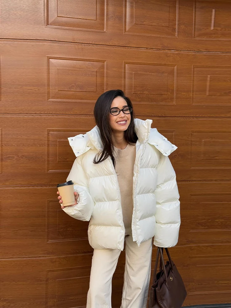 Detachable Hooded Women's Cotton Jacket lacquered Long Sleeve Zipper Pocket Female Coats Oversized Loose Casual Coats For Ladies