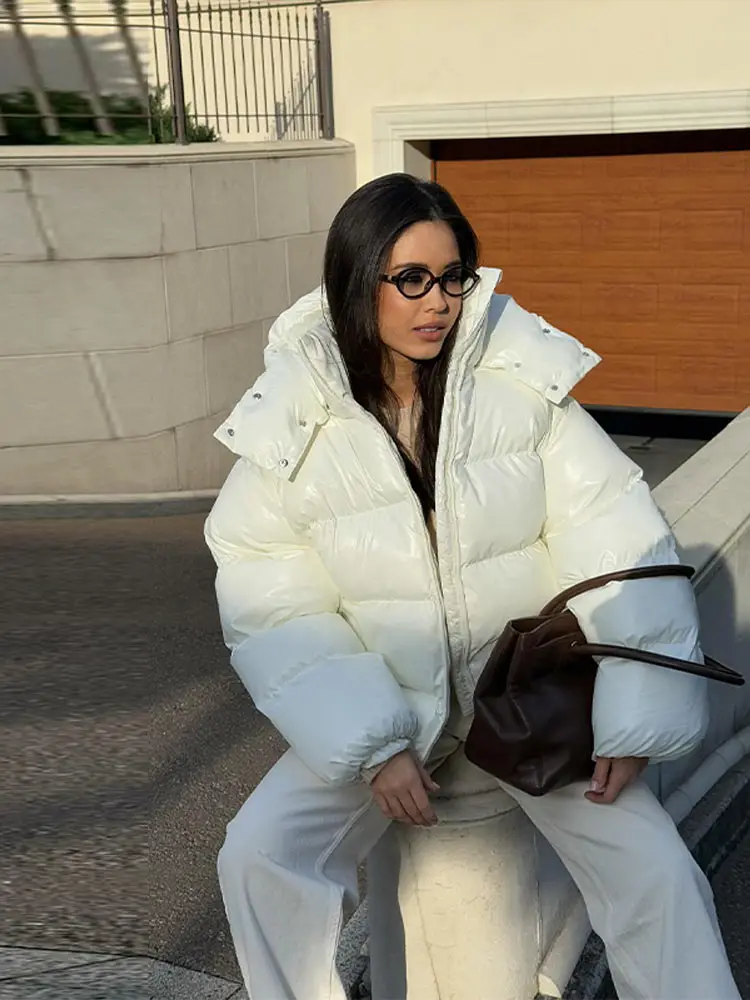 Detachable Hooded Women's Cotton Jacket lacquered Long Sleeve Zipper Pocket Female Coats Oversized Loose Casual Coats For Ladies