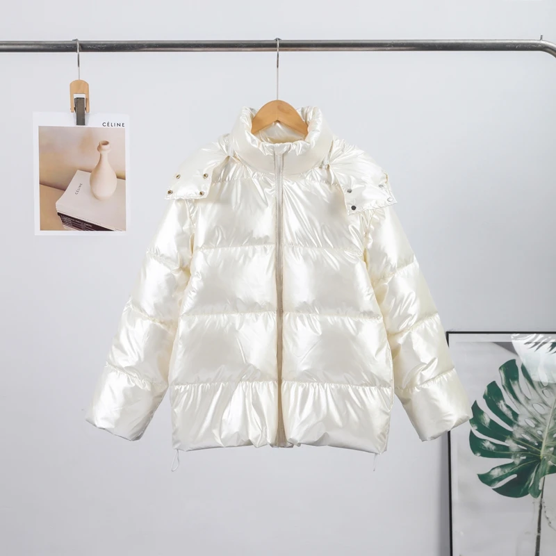 Detachable Hooded Women's Cotton Jacket lacquered Long Sleeve Zipper Pocket Female Coats Oversized Loose Casual Coats For Ladies