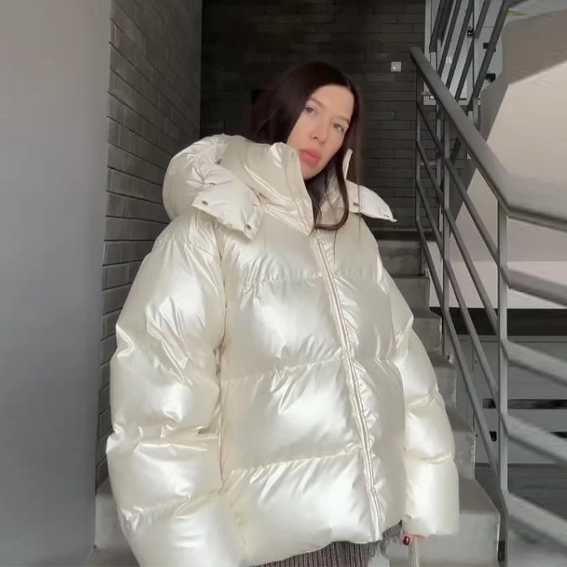 Detachable Hooded Women's Cotton Jacket lacquered Long Sleeve Zipper Pocket Female Coats Oversized Loose Casual Coats For Ladies