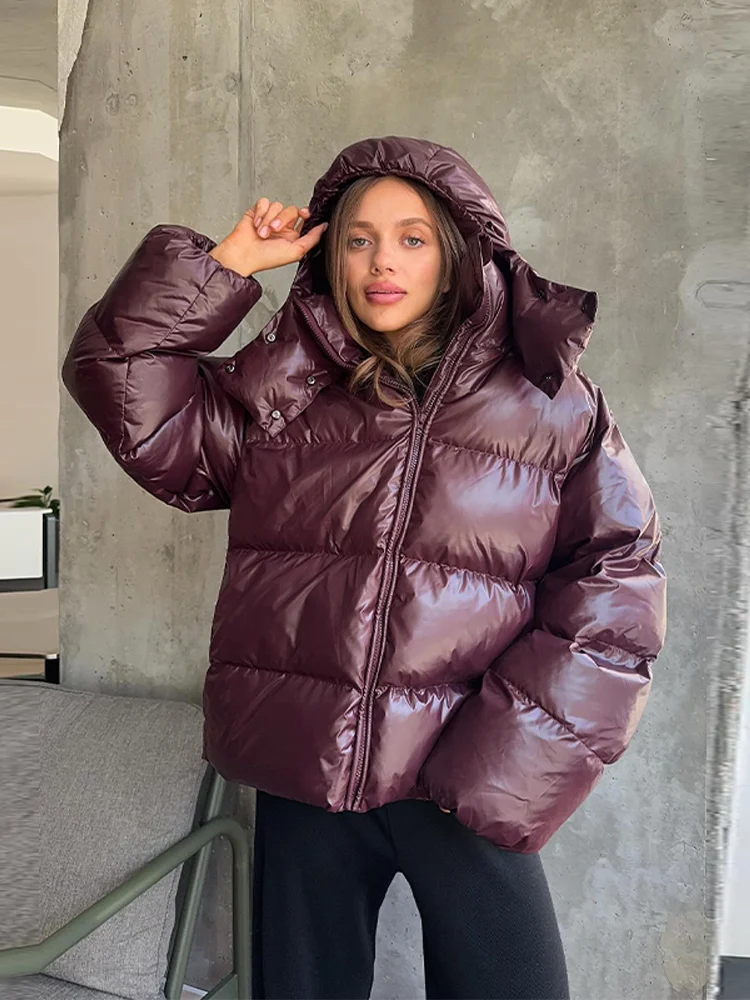 Detachable Hooded Women's Cotton Jacket lacquered Long Sleeve Zipper Pocket Female Coats Oversized Loose Casual Coats For Ladies