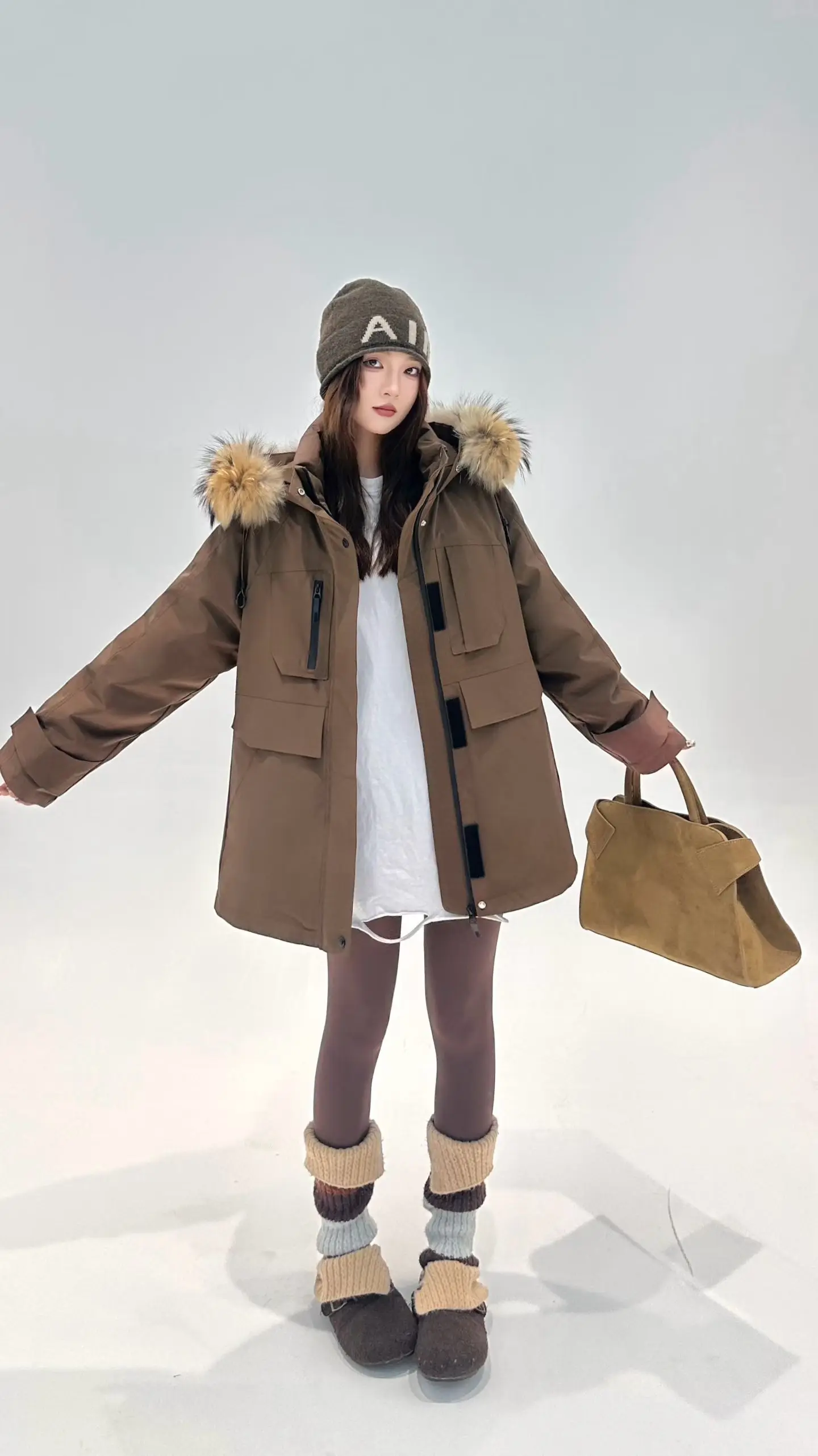 Korea All-match Women Winter Parkas Detachable Real Fur Collar Hooded Duck Down Jacket Mid-long Long Sleeve Casual Down Coat