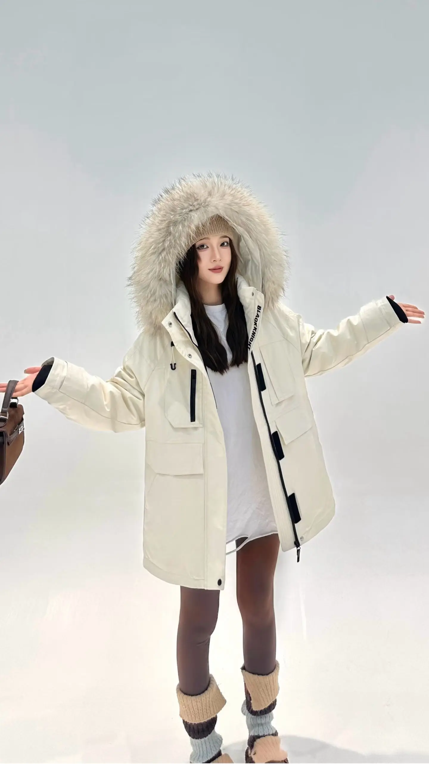Korea All-match Women Winter Parkas Detachable Real Fur Collar Hooded Duck Down Jacket Mid-long Long Sleeve Casual Down Coat