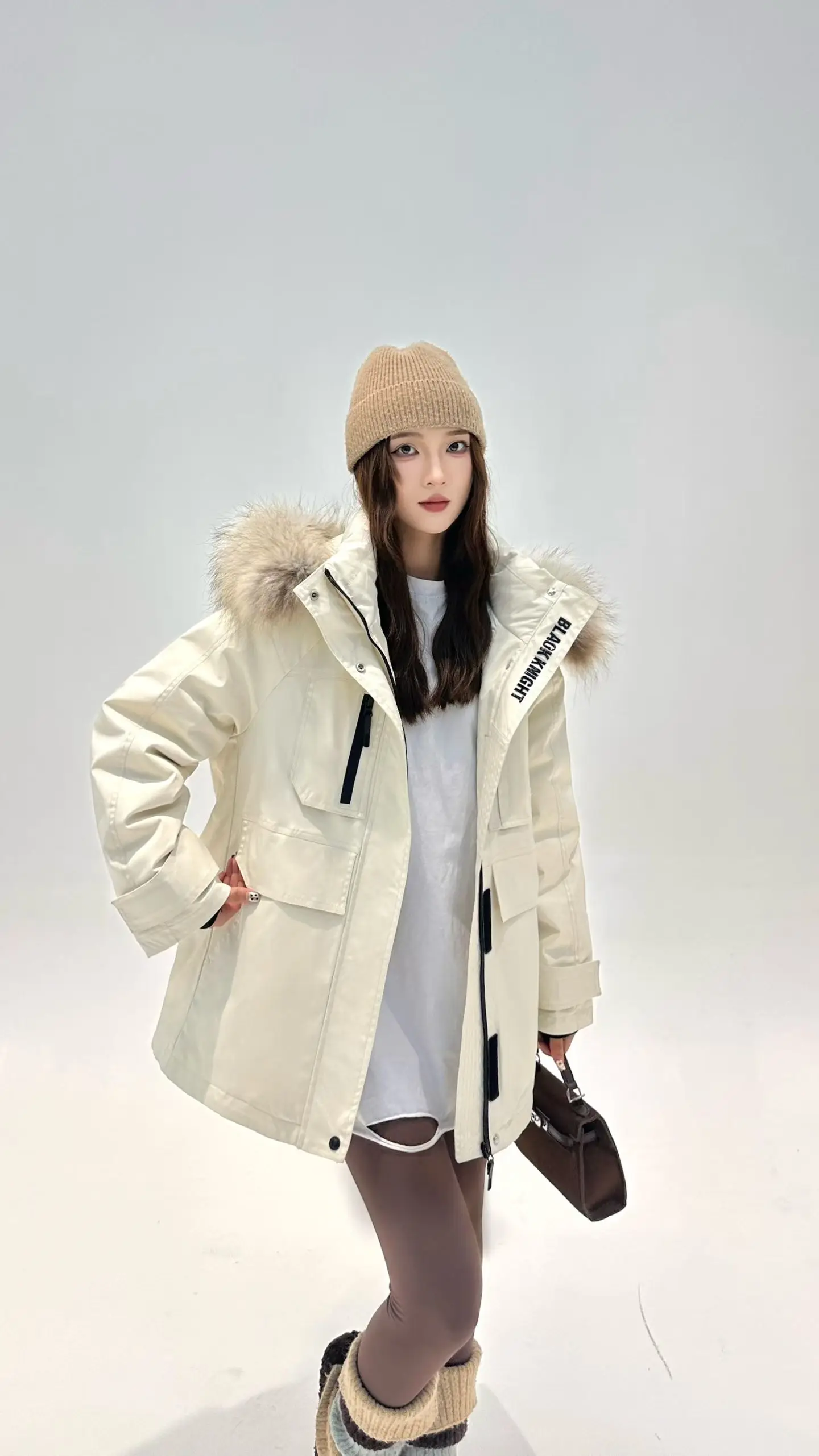 Korea All-match Women Winter Parkas Detachable Real Fur Collar Hooded Duck Down Jacket Mid-long Long Sleeve Casual Down Coat