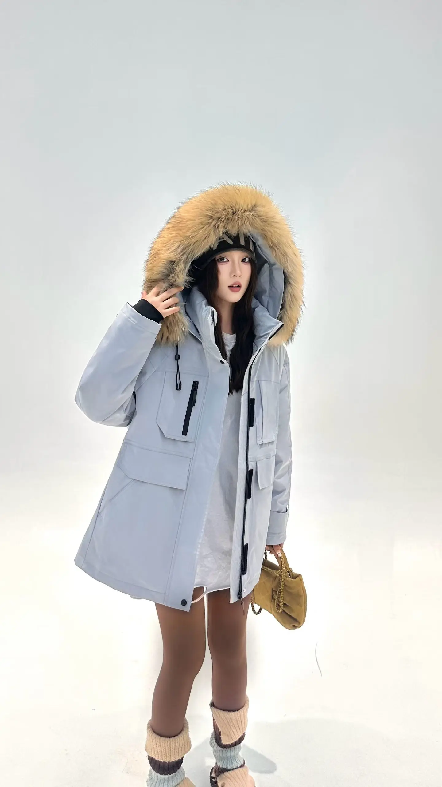 Korea All-match Women Winter Parkas Detachable Real Fur Collar Hooded Duck Down Jacket Mid-long Long Sleeve Casual Down Coat