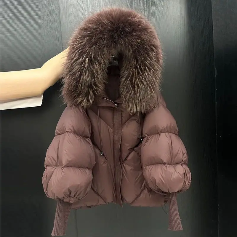 2026 New Autumn Winter Keep Warm Women Parkas Threaded Sleeve Hooded Down Jacket Solid Color Raccoon Fur Collar White Down Coat