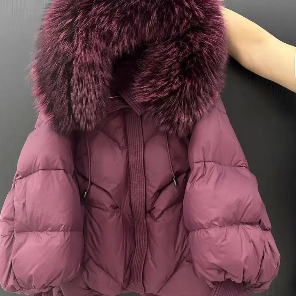 2026 New Autumn Winter Keep Warm Women Parkas Threaded Sleeve Hooded Down Jacket Solid Color Raccoon Fur Collar White Down Coat