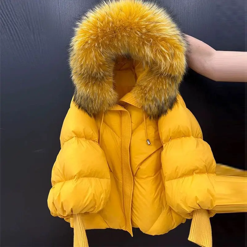 2026 New Autumn Winter Keep Warm Women Parkas Threaded Sleeve Hooded Down Jacket Solid Color Raccoon Fur Collar White Down Coat