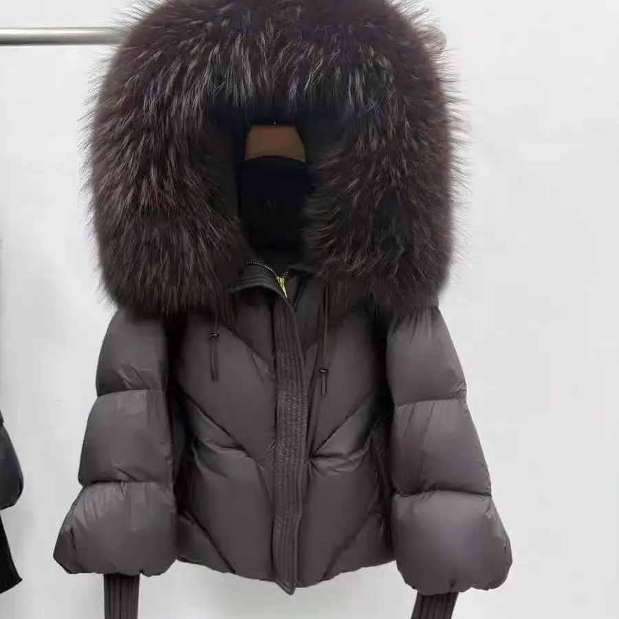 2026 New Autumn Winter Keep Warm Women Parkas Threaded Sleeve Hooded Down Jacket Solid Color Raccoon Fur Collar White Down Coat