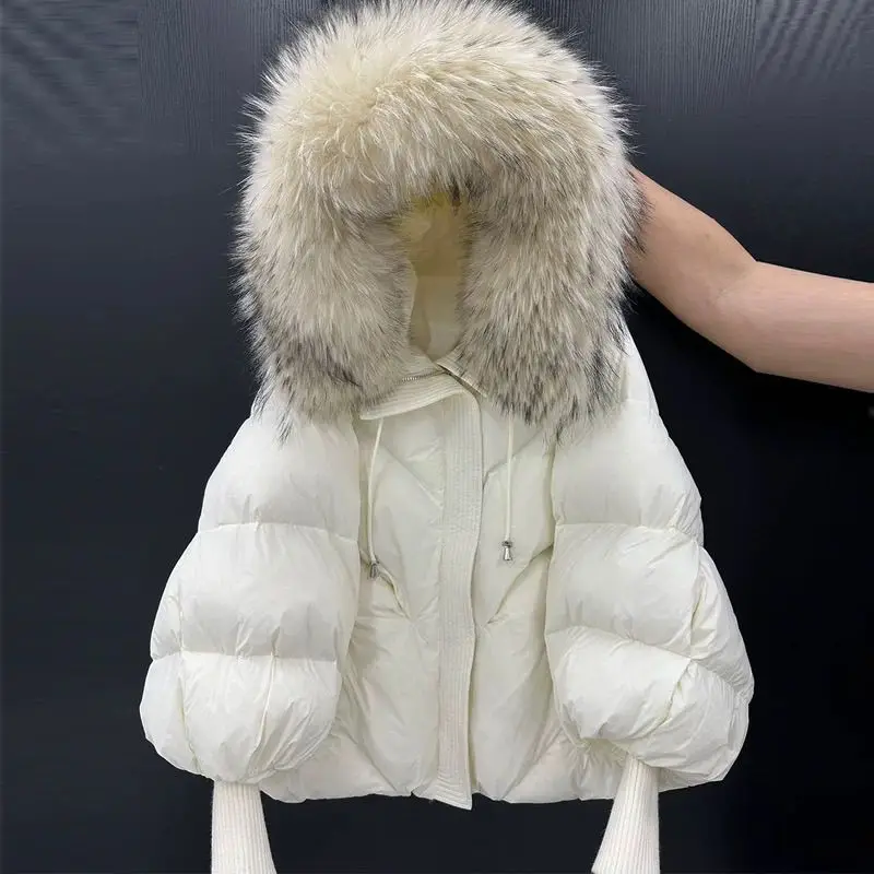 2026 New Autumn Winter Keep Warm Women Parkas Threaded Sleeve Hooded Down Jacket Solid Color Raccoon Fur Collar White Down Coat