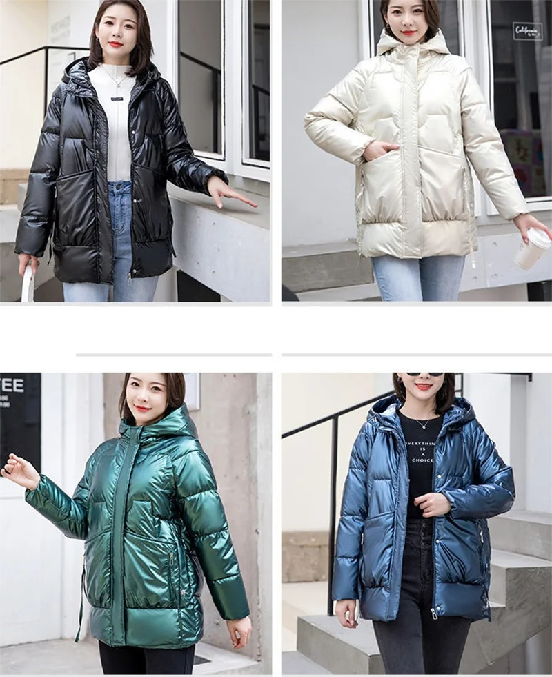 2026 New Winter Jacket Women Parkas Glossy Down Cotton Padded Parka Female Jacket Solid ColorThick Outwear Hooded Warm Outcoat