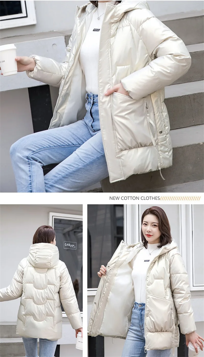 2026 New Winter Jacket Women Parkas Glossy Down Cotton Padded Parka Female Jacket Solid ColorThick Outwear Hooded Warm Outcoat