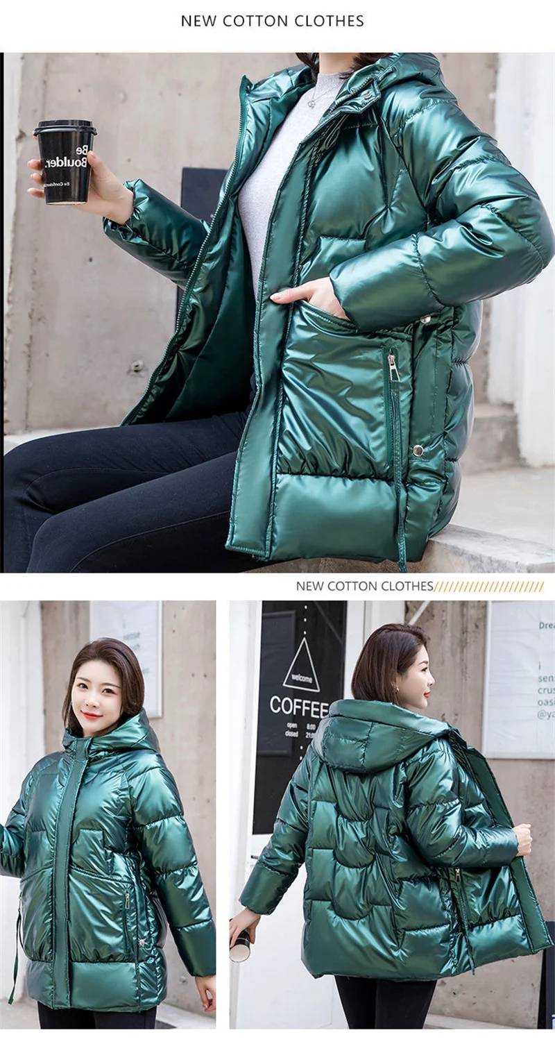 2026 New Winter Jacket Women Parkas Glossy Down Cotton Padded Parka Female Jacket Solid ColorThick Outwear Hooded Warm Outcoat