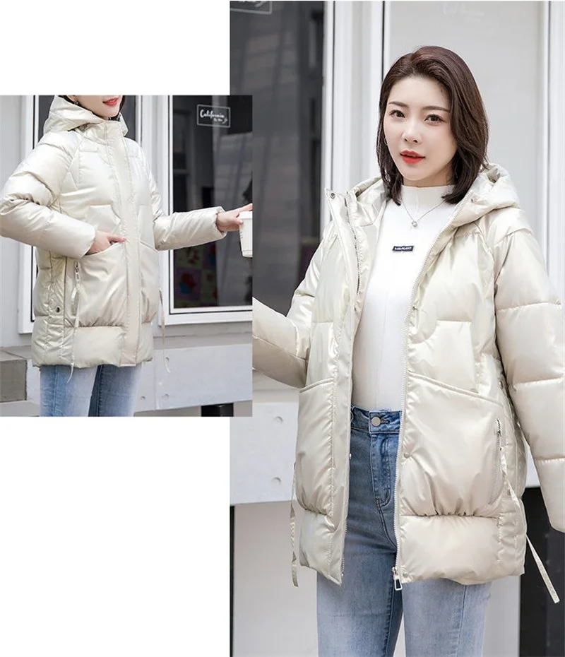 2026 New Winter Jacket Women Parkas Glossy Down Cotton Padded Parka Female Jacket Solid ColorThick Outwear Hooded Warm Outcoat