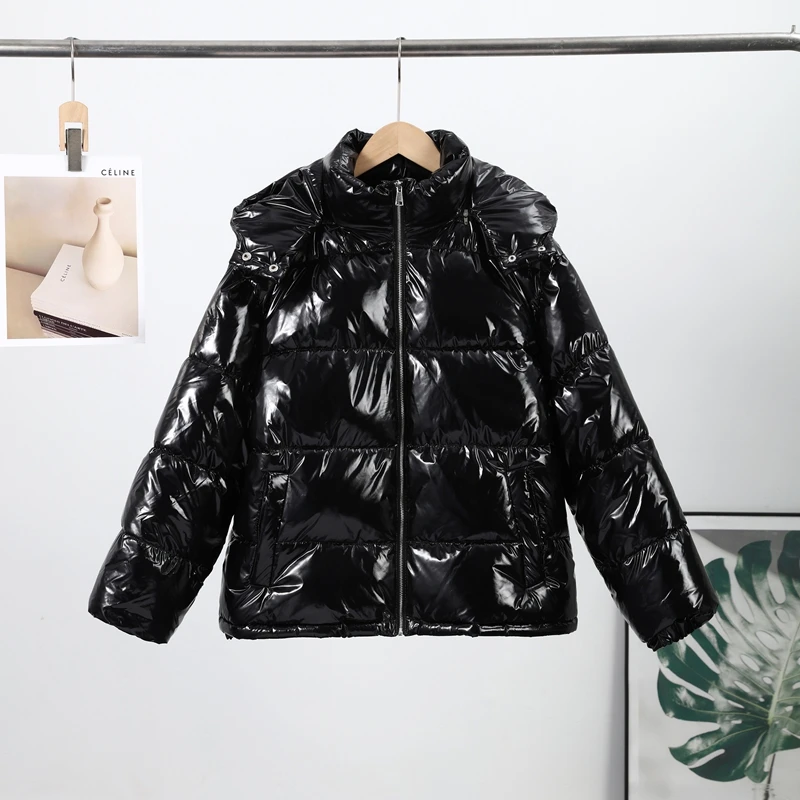 High Street Women's Glossy Zipper Hooded Coats Warm Elastic Waist Pleated Short Cotton Female Jacket 2026 Winter New Lady Outfit