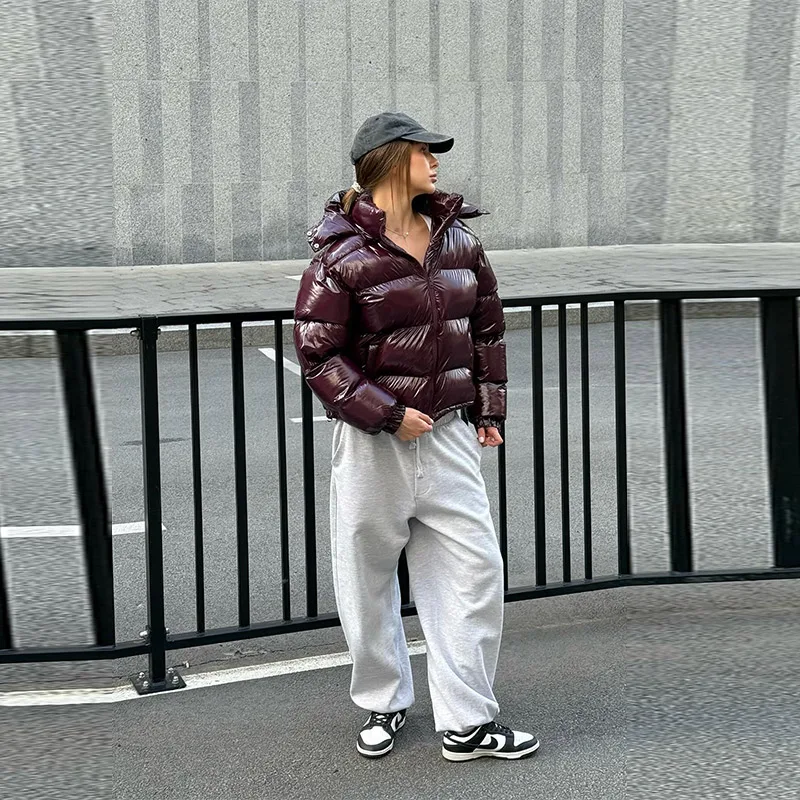 High Street Women's Glossy Zipper Hooded Coats Warm Elastic Waist Pleated Short Cotton Female Jacket 2026 Winter New Lady Outfit