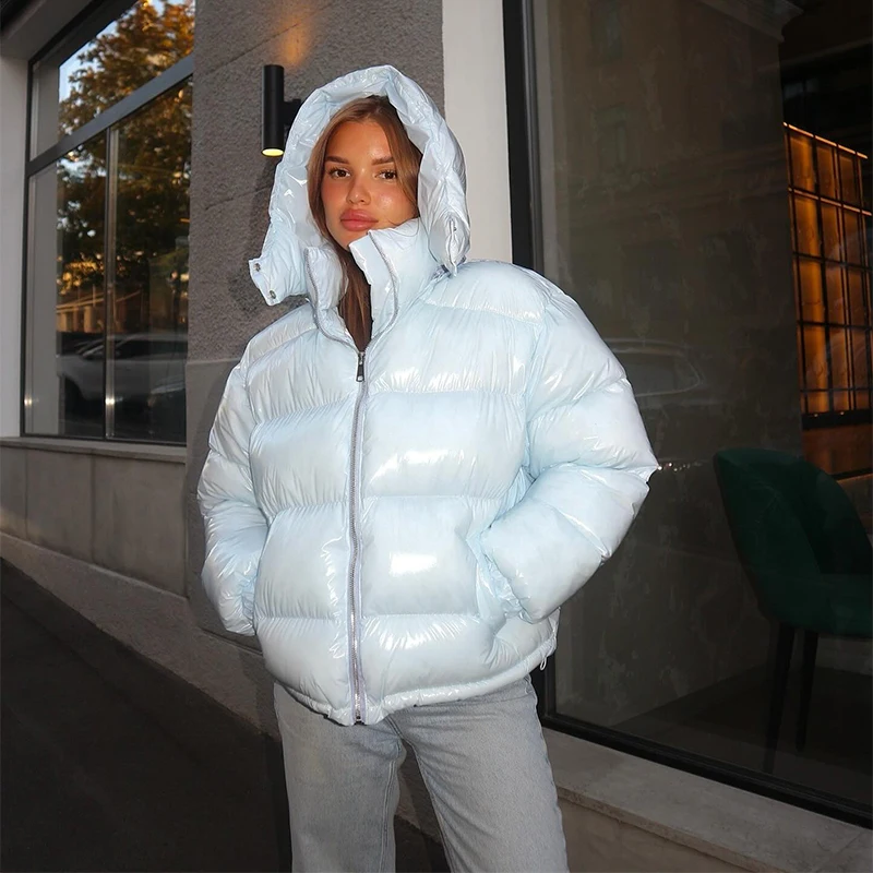 High Street Women's Glossy Zipper Hooded Coats Warm Elastic Waist Pleated Short Cotton Female Jacket 2026 Winter New Lady Outfit