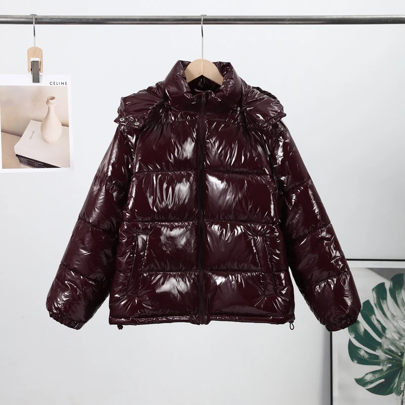 High Street Women's Glossy Zipper Hooded Coats Warm Elastic Waist Pleated Short Cotton Female Jacket 2026 Winter New Lady Outfit