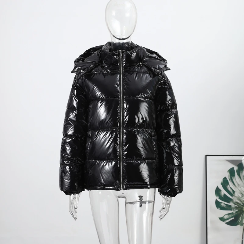 High Street Women's Glossy Zipper Hooded Coats Warm Elastic Waist Pleated Short Cotton Female Jacket 2026 Winter New Lady Outfit