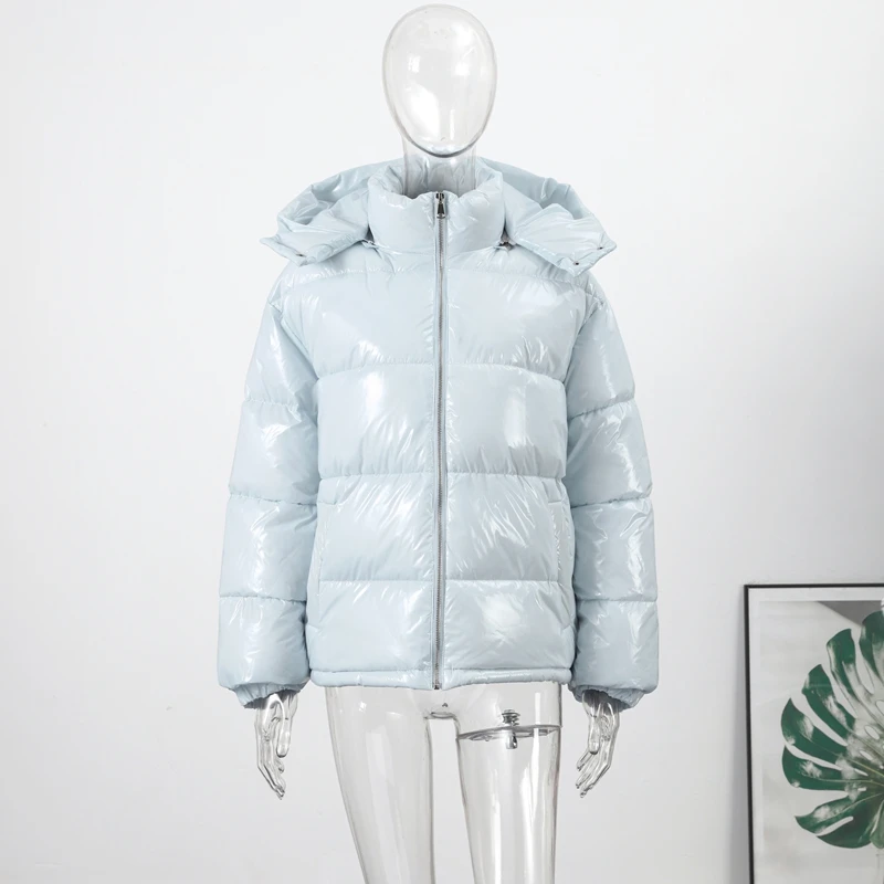 High Street Women's Glossy Zipper Hooded Coats Warm Elastic Waist Pleated Short Cotton Female Jacket 2026 Winter New Lady Outfit