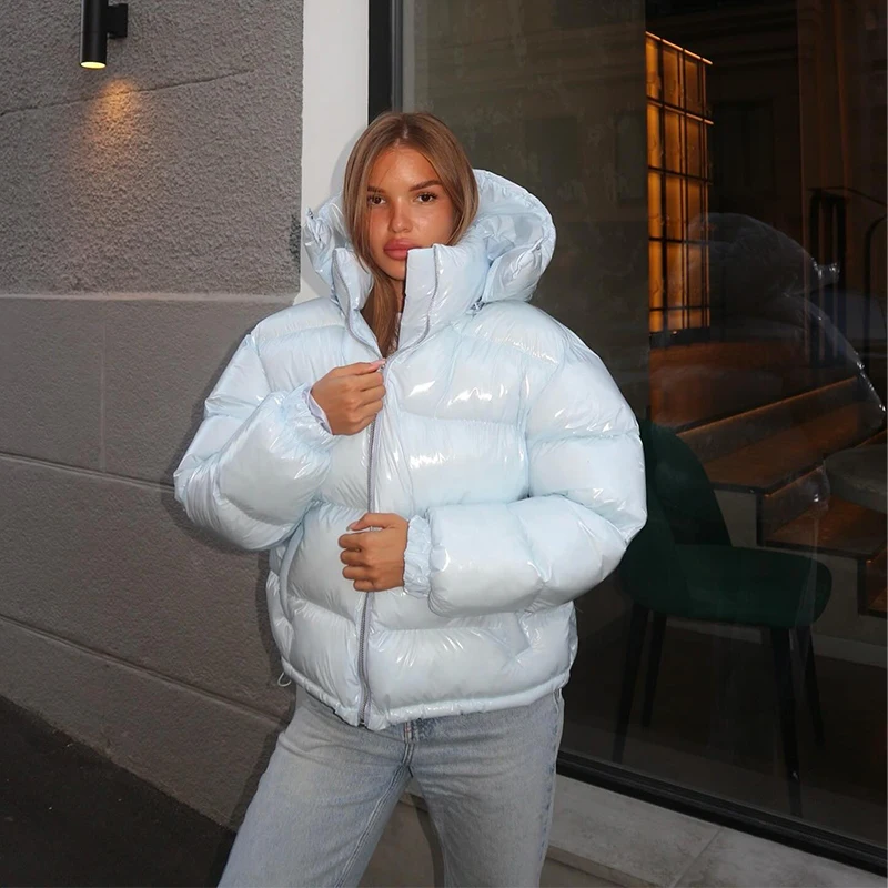 High Street Women's Glossy Zipper Hooded Coats Warm Elastic Waist Pleated Short Cotton Female Jacket 2026 Winter New Lady Outfit