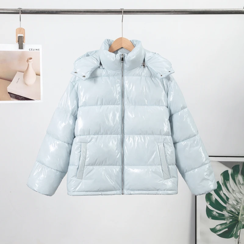 High Street Women's Glossy Zipper Hooded Coats Warm Elastic Waist Pleated Short Cotton Female Jacket 2026 Winter New Lady Outfit