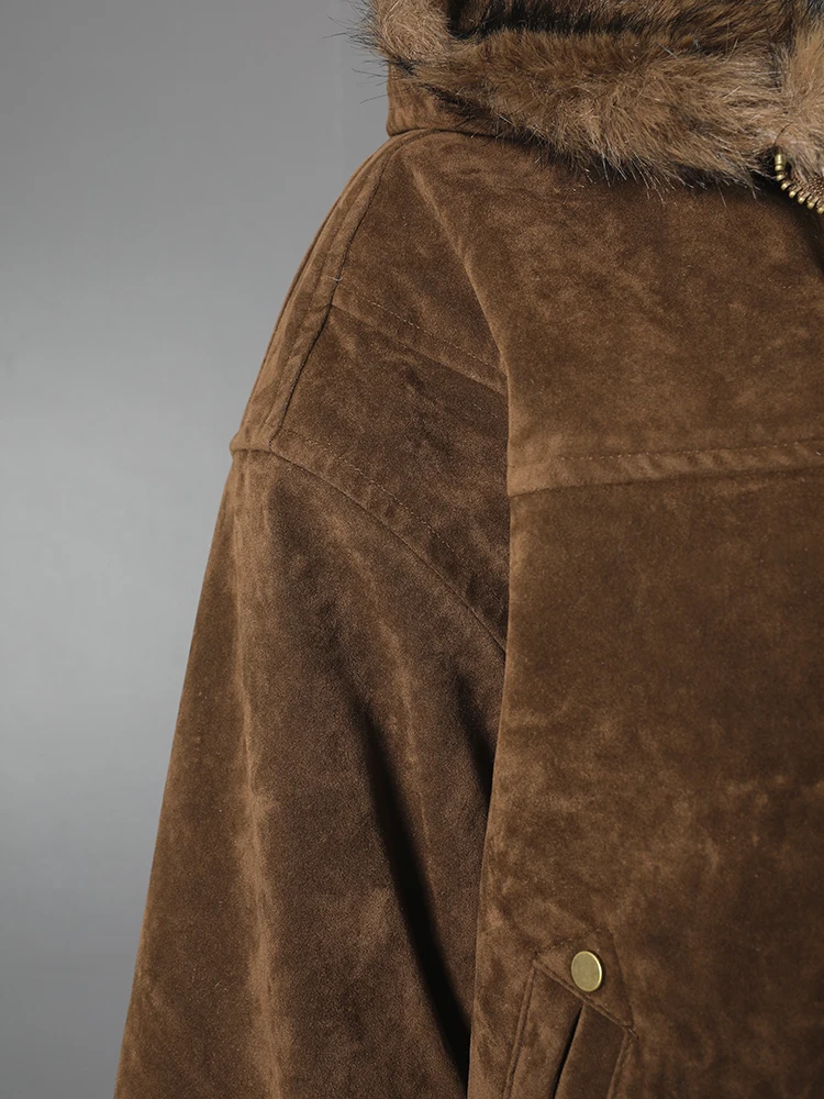 DEAT Fashion Brown Fur Hooded Cottn-padded Coat Women's Loose Aircraft Buckle Thick Short Parka Jacket Winter New