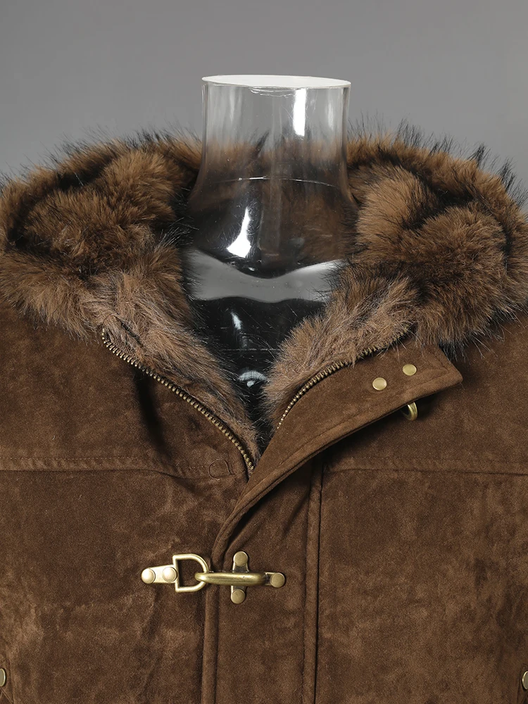 DEAT Fashion Brown Fur Hooded Cottn-padded Coat Women's Loose Aircraft Buckle Thick Short Parka Jacket Winter New