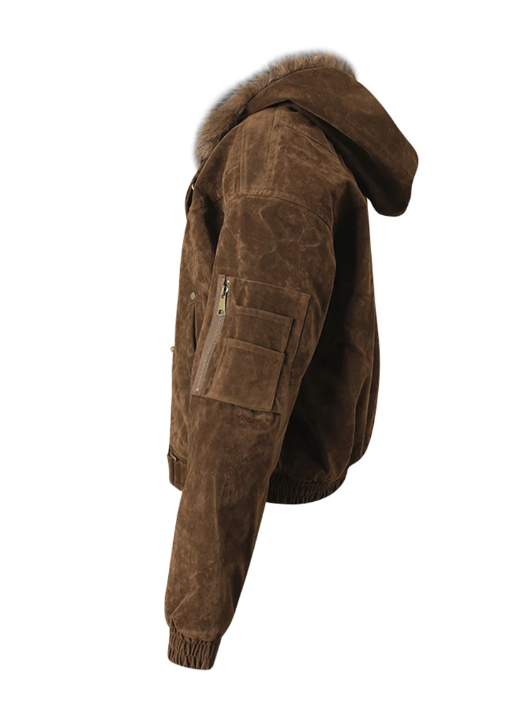 DEAT Fashion Brown Fur Hooded Cottn-padded Coat Women's Loose Aircraft Buckle Thick Short Parka Jacket Winter New