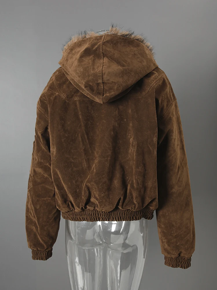 DEAT Fashion Brown Fur Hooded Cottn-padded Coat Women's Loose Aircraft Buckle Thick Short Parka Jacket Winter New
