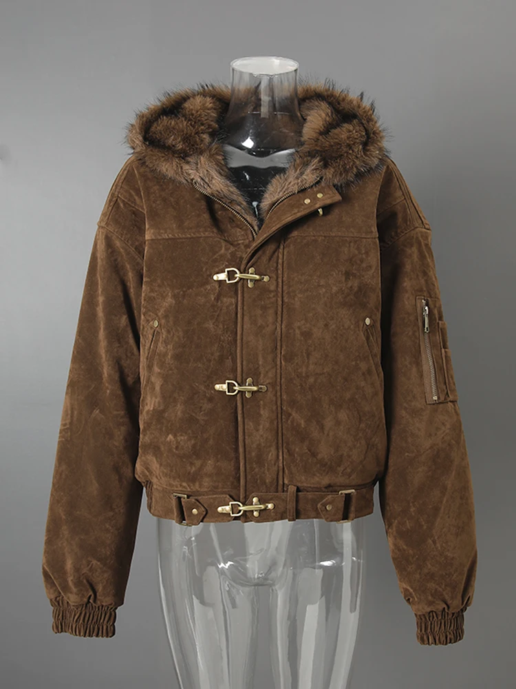 DEAT Fashion Brown Fur Hooded Cottn-padded Coat Women's Loose Aircraft Buckle Thick Short Parka Jacket Winter New