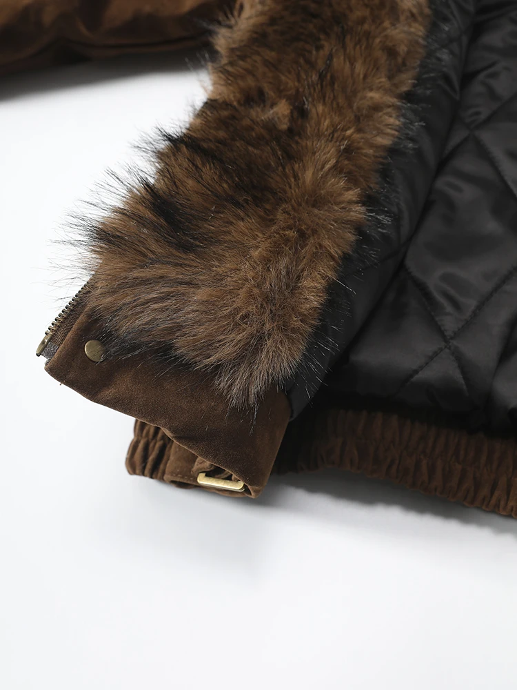 DEAT Fashion Brown Fur Hooded Cottn-padded Coat Women's Loose Aircraft Buckle Thick Short Parka Jacket Winter New