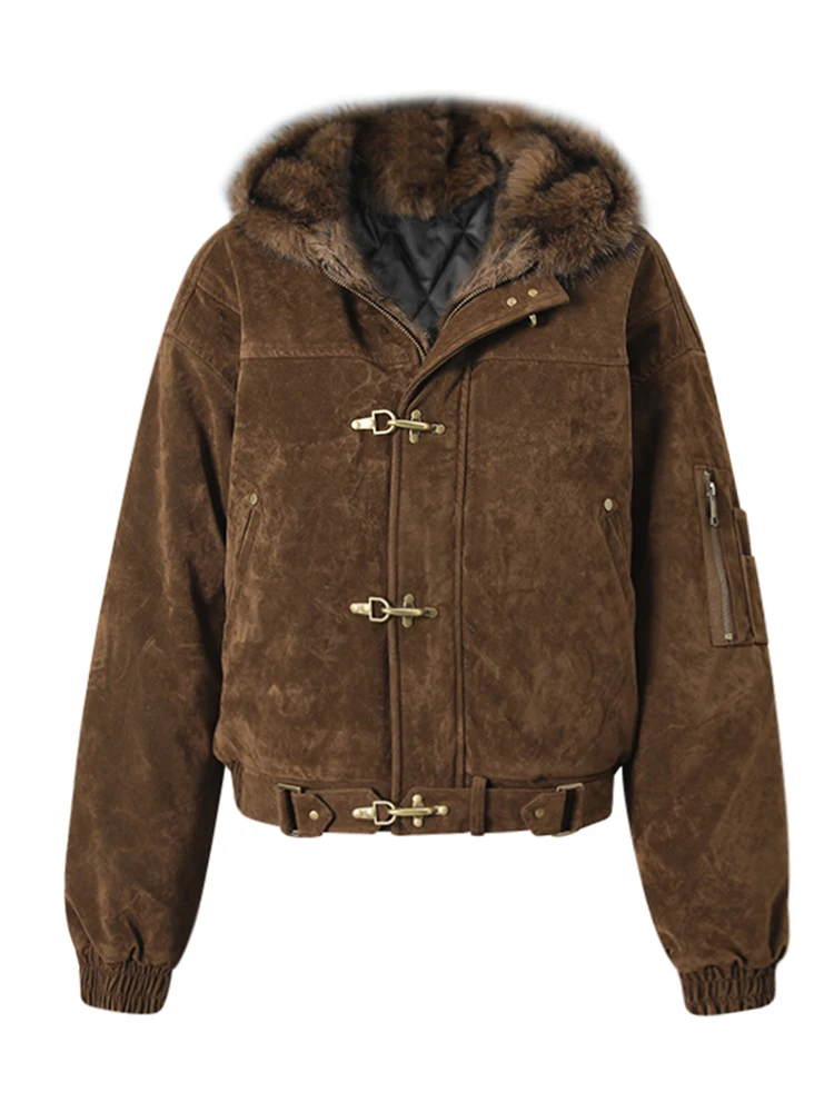 DEAT Fashion Brown Fur Hooded Cottn-padded Coat Women's Loose Aircraft Buckle Thick Short Parka Jacket Winter New