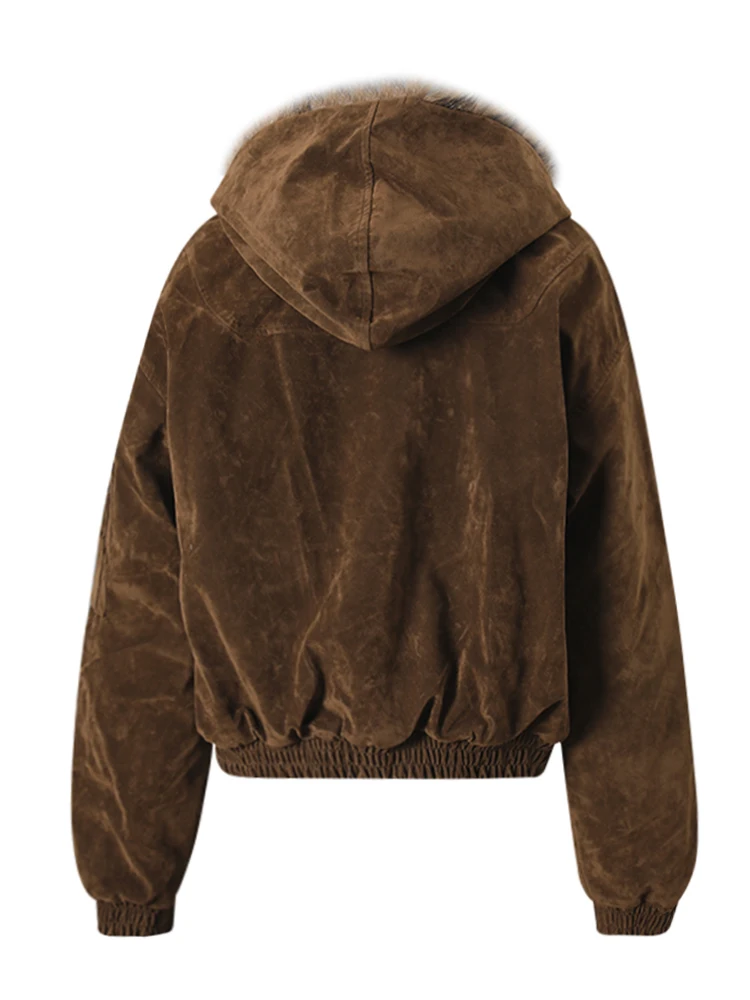 DEAT Fashion Brown Fur Hooded Cottn-padded Coat Women's Loose Aircraft Buckle Thick Short Parka Jacket Winter New