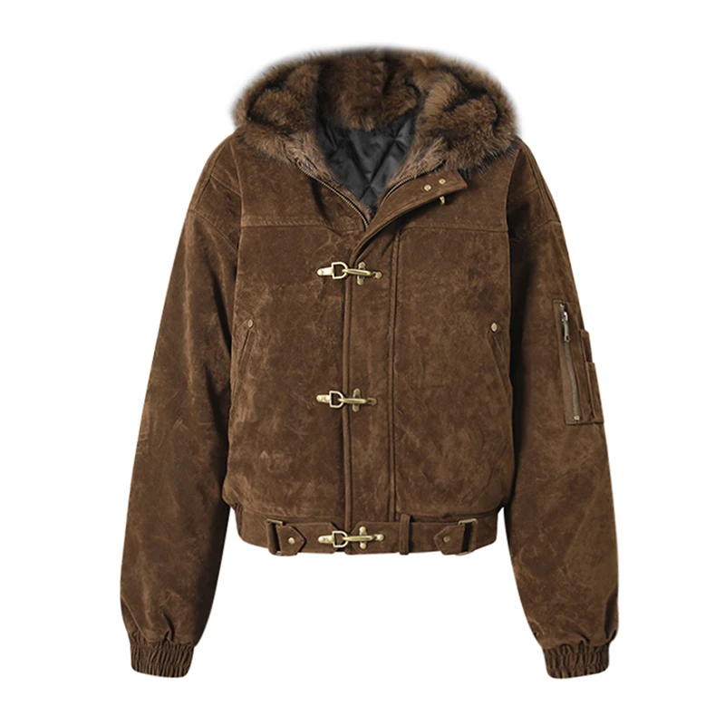 DEAT Fashion Brown Fur Hooded Cottn-padded Coat Women's Loose Aircraft Buckle Thick Short Parka Jacket Winter New