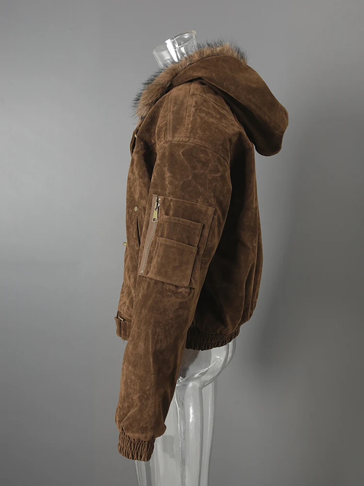 DEAT Fashion Brown Fur Hooded Cottn-padded Coat Women's Loose Aircraft Buckle Thick Short Parka Jacket Winter New