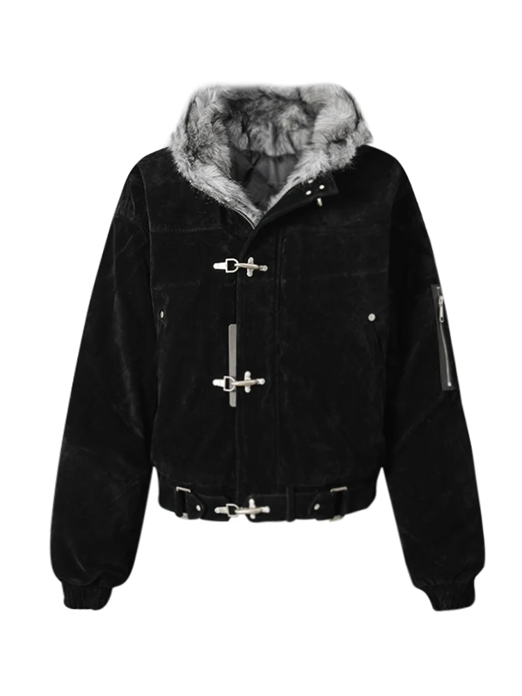DEAT Fashion Brown Fur Hooded Cottn-padded Coat Women's Loose Aircraft Buckle Thick Short Parka Jacket Winter New