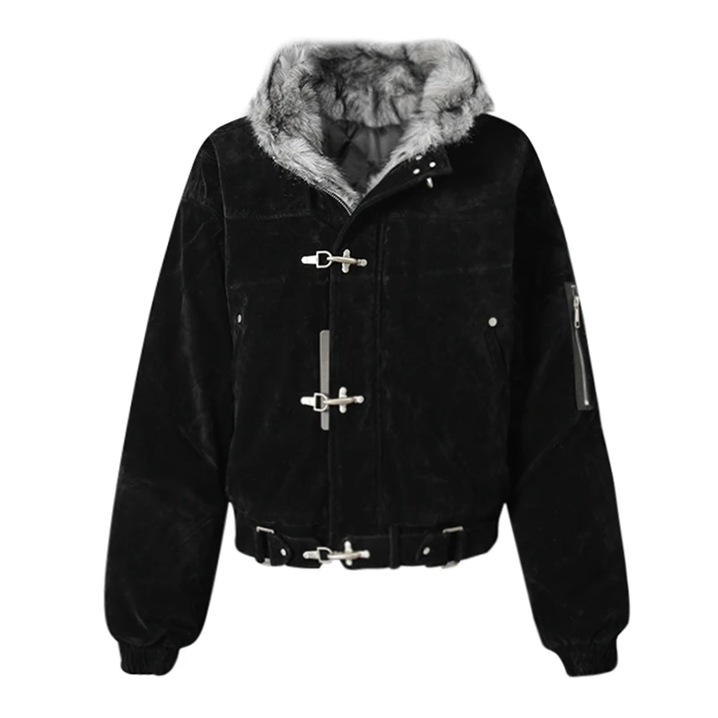 DEAT Fashion Brown Fur Hooded Cottn-padded Coat Women's Loose Aircraft Buckle Thick Short Parka Jacket Winter New