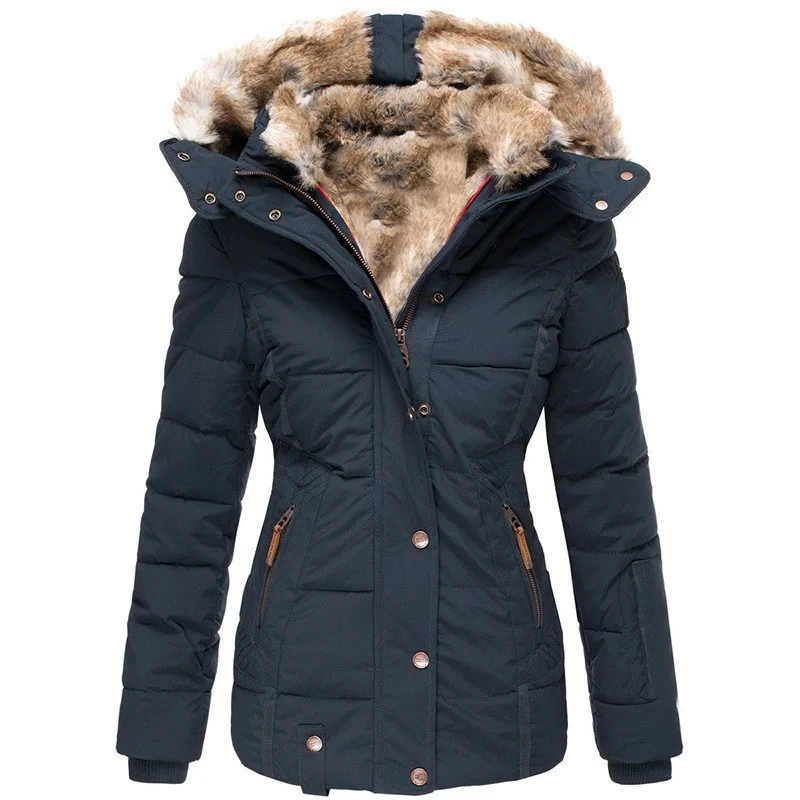 Winter New Fashion Women’s Solid Color Slim Casual Trendy Fur Collar Hooded Simple Basic Quilted Coats Female Clothes Parkas